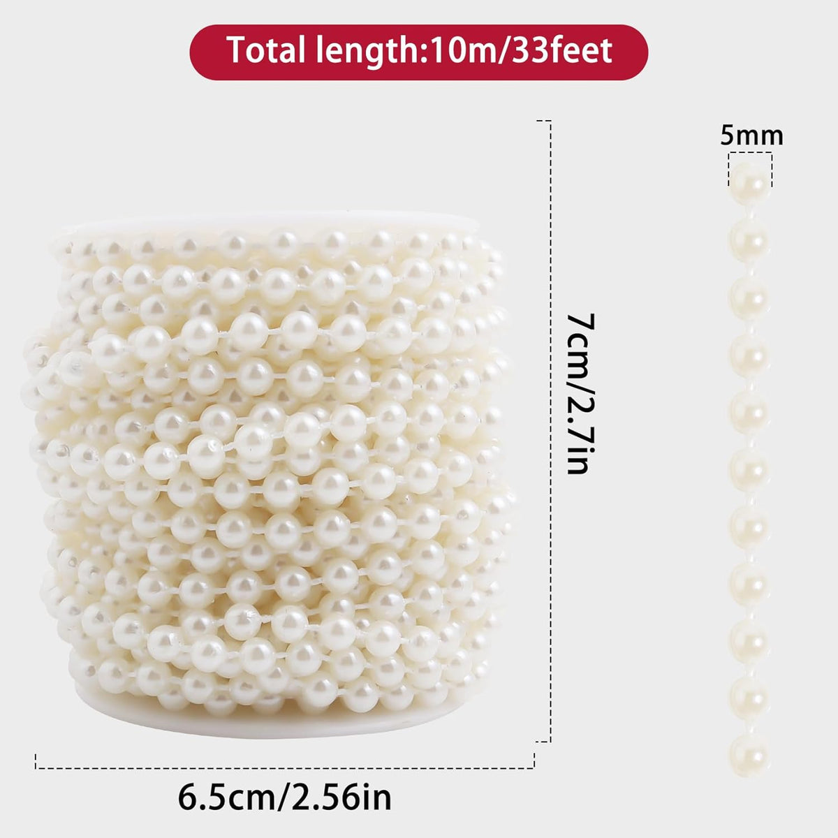 Pearls String Beads 33 Feet Crafts Faux Pearl Roll for Christmas Garland Flowers Wedding Party