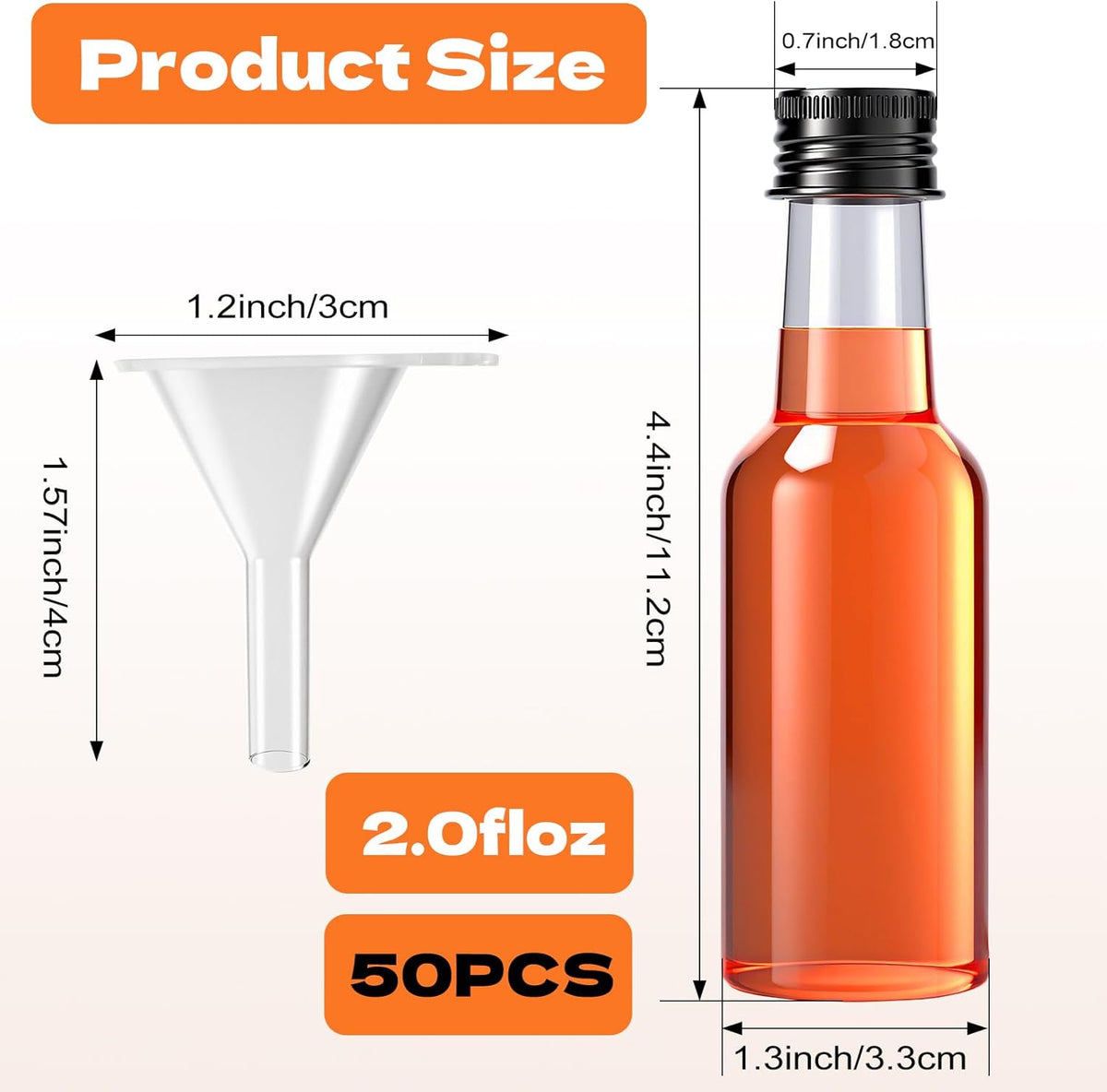 50 Pcs Mini Liquor Bottles with Black Cap, Plastic Alcohol Bottles, 2oz Leakproof Empty Spirit