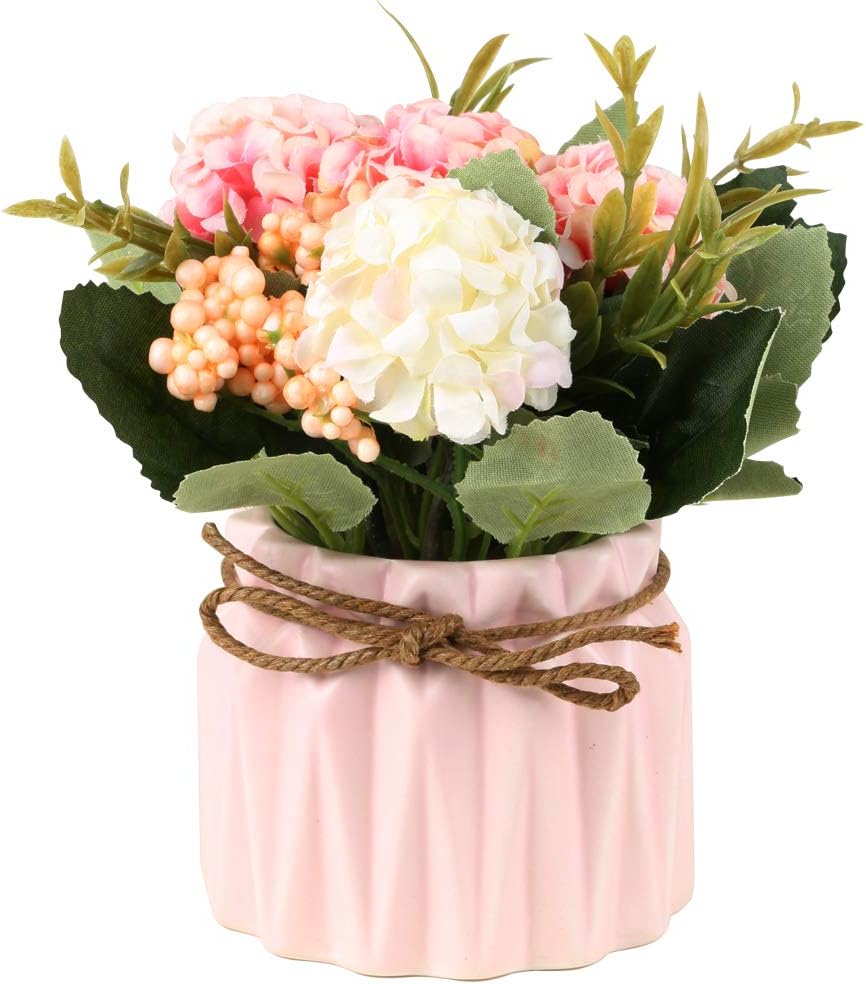 Artificial Hydrangea Bouquet with Small Ceramic Vase Fake Silk Variety Flower Balls Flowers