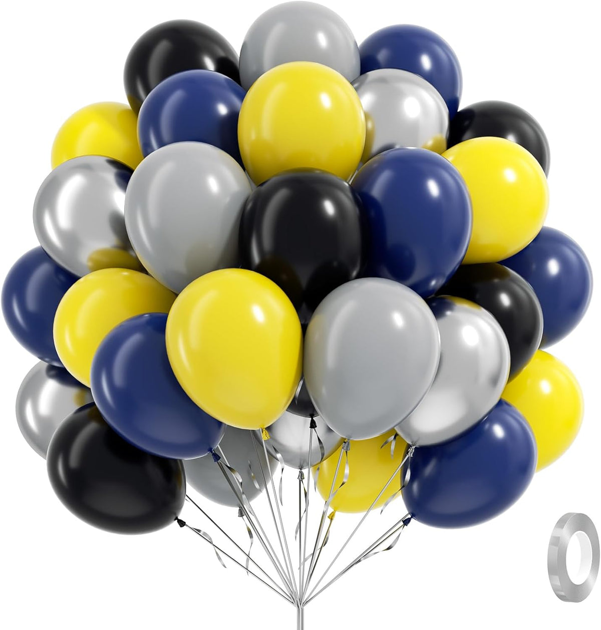 60pcs Black and Yellow Balloons 12inch with Navy Blue Yellow Gray Metallic Silver Balloons for Baby