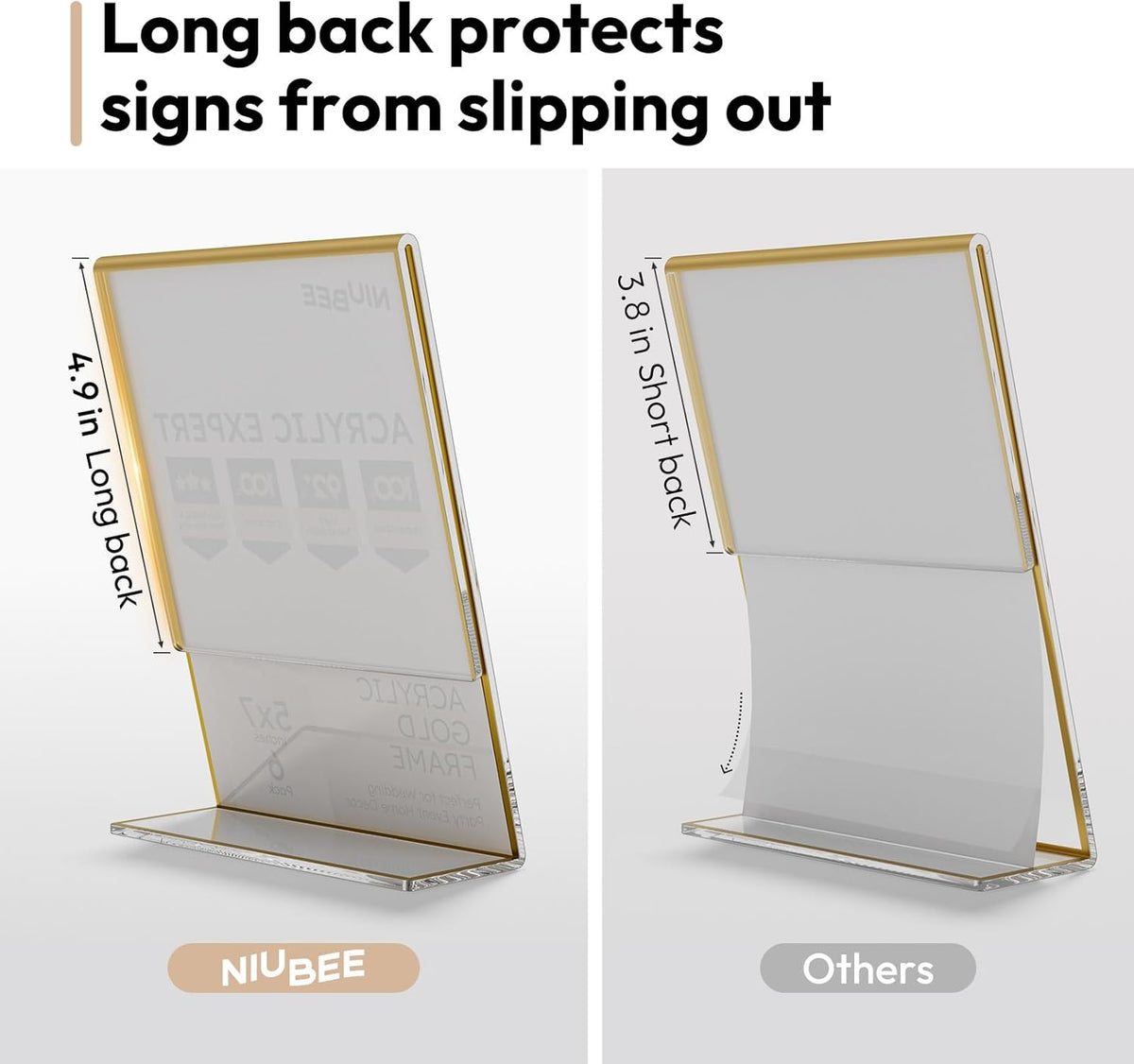 NIUBEE 6 Pack 5 x 7 Acrylic Gold Frame, Slanted Back Table Sign Holder for Wedding Table Numbers