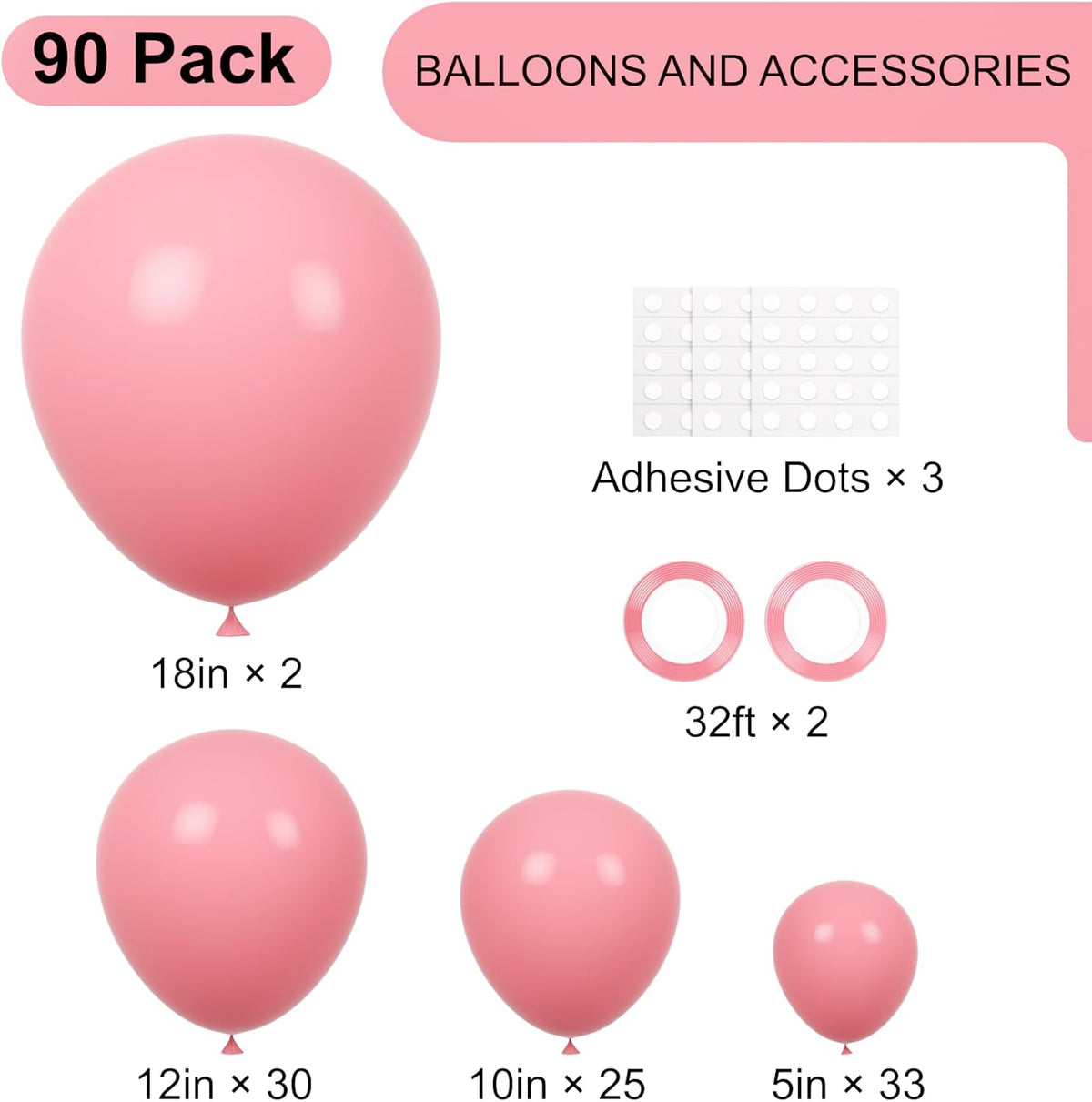 90pack Retro Pink Balloons Different Size 18/12/10/5 Inch Pink Balloon Garland Arch Kit for