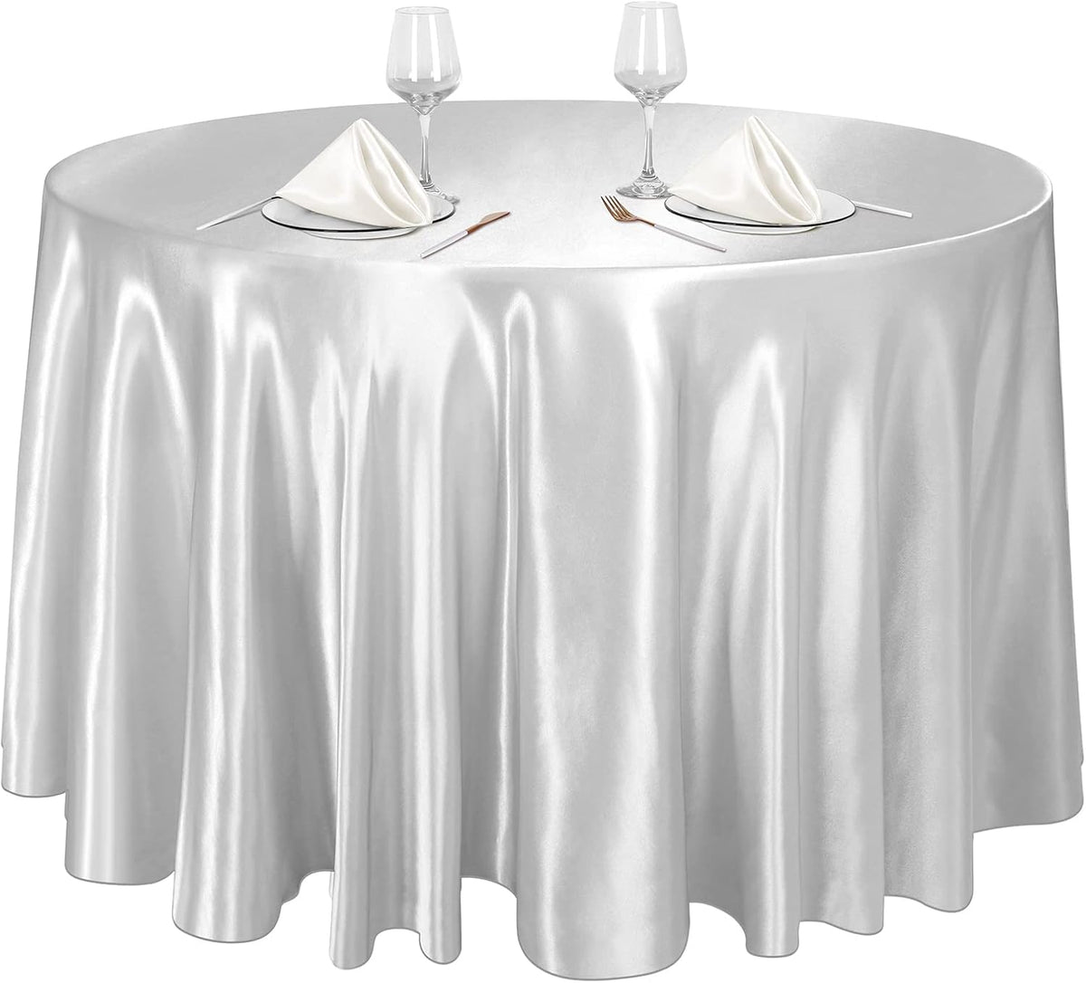 Ruisita 120 Inches Round Satin Tablecloths Silver Overlay Round Satin Table Cover Bright Silk