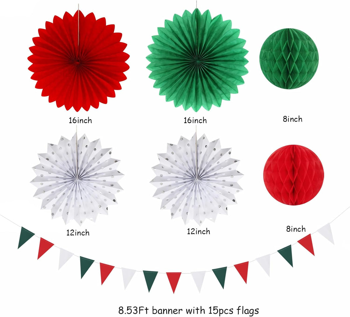 Red Green-White Christmas Party Decorations - 20pcs Mexican Italian Paper Lanterns Fans,Tissue Pom