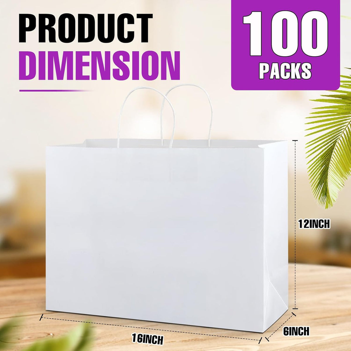 BURVAGY 16x6x12 Inch 100 Pcs Kraft Paper Bags with Handles Bulk, Kraft Shopping White Large