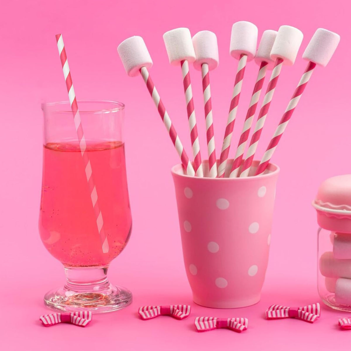 7.75 inch Hot Pink Striped Paper Straws for Drinking - Unwrapped, 100 Counts - for Party, Wedding
