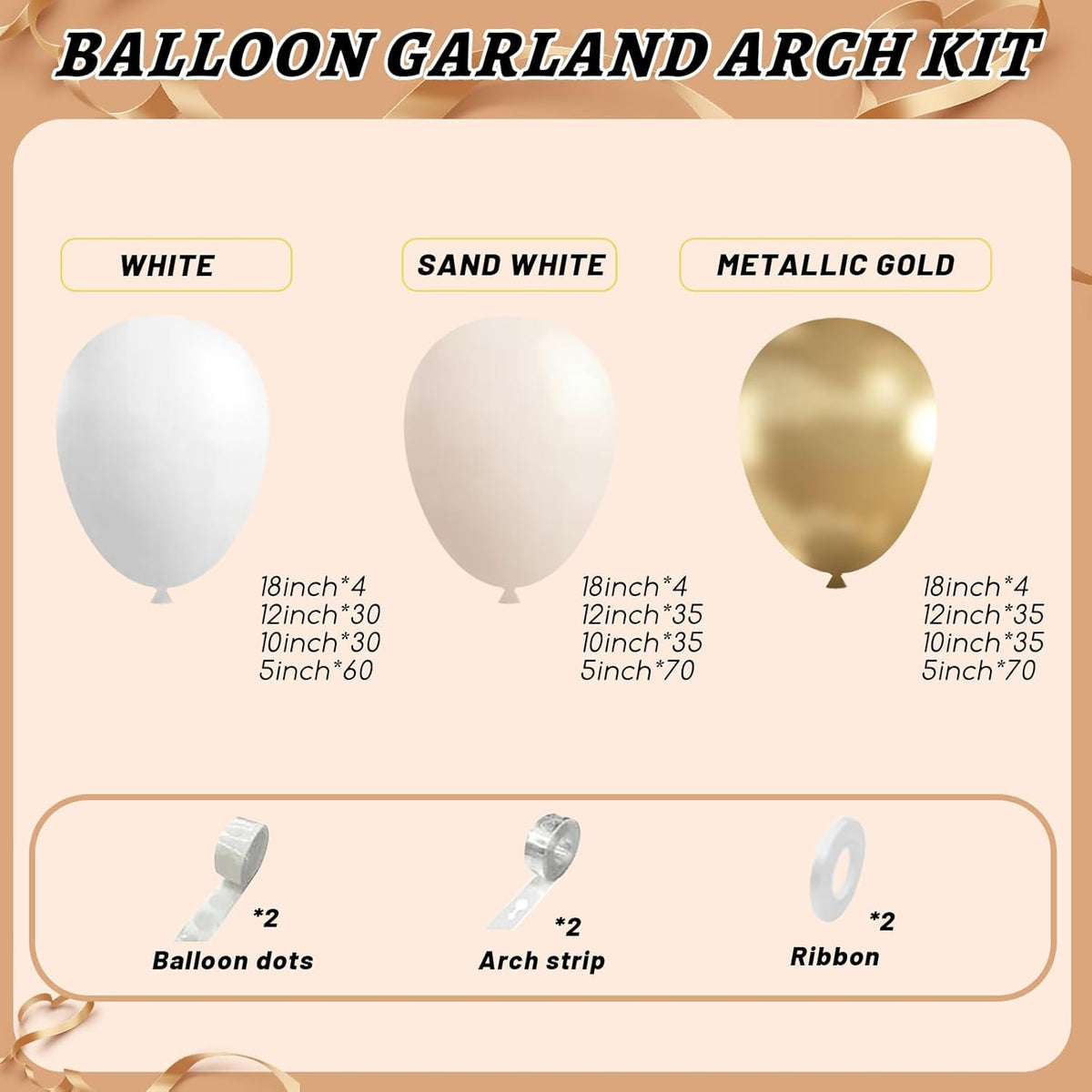 412pcs Sand White Gold Balloon Arch Kit, 18 12 10 5 Inch Different Size White Metallic Gold Latex
