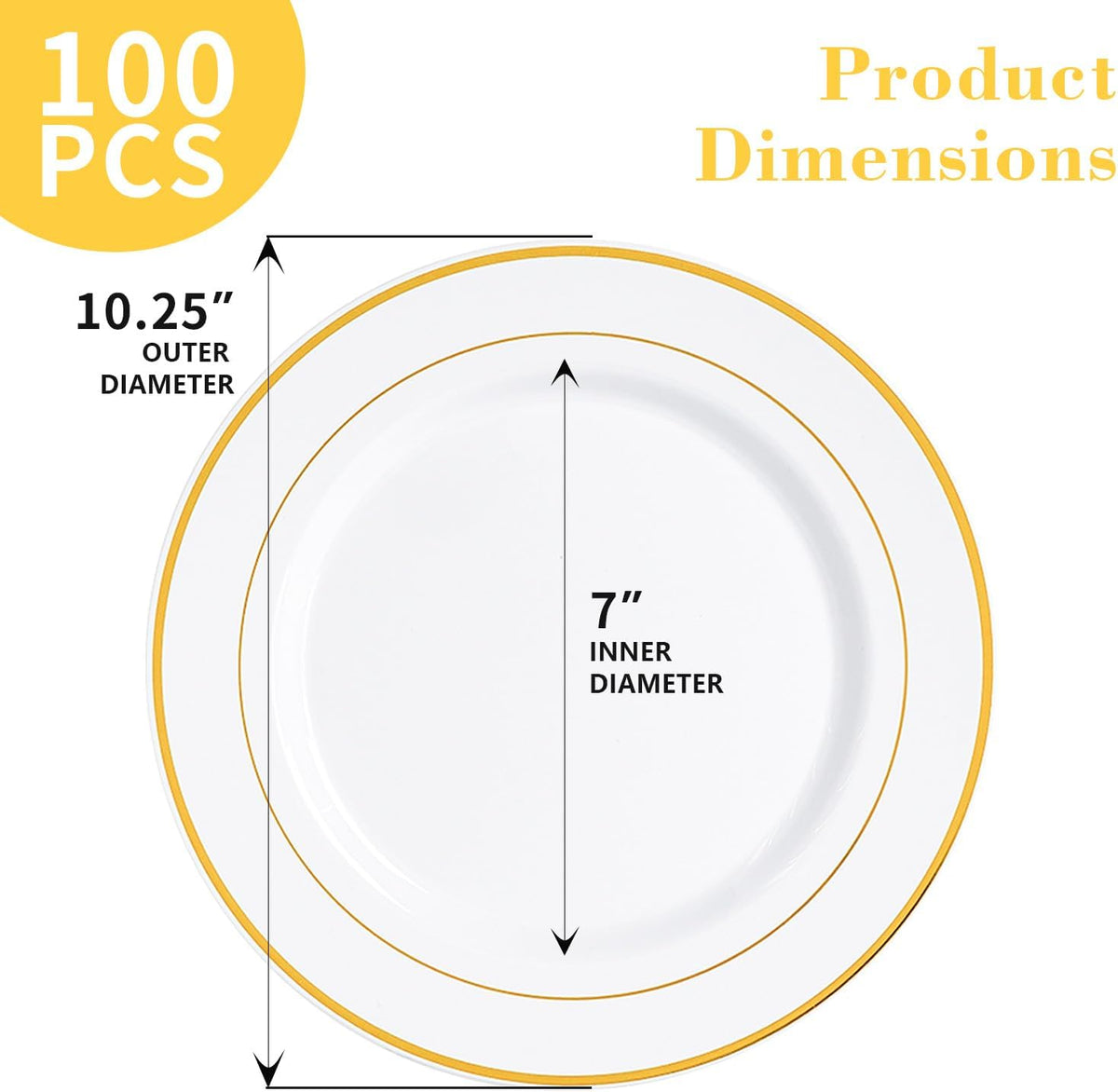 N9R 100PCS Gold Plastic Plates, 10.25 inch White Disposable Dinner Plate with Gold Rim, Heavy Duty