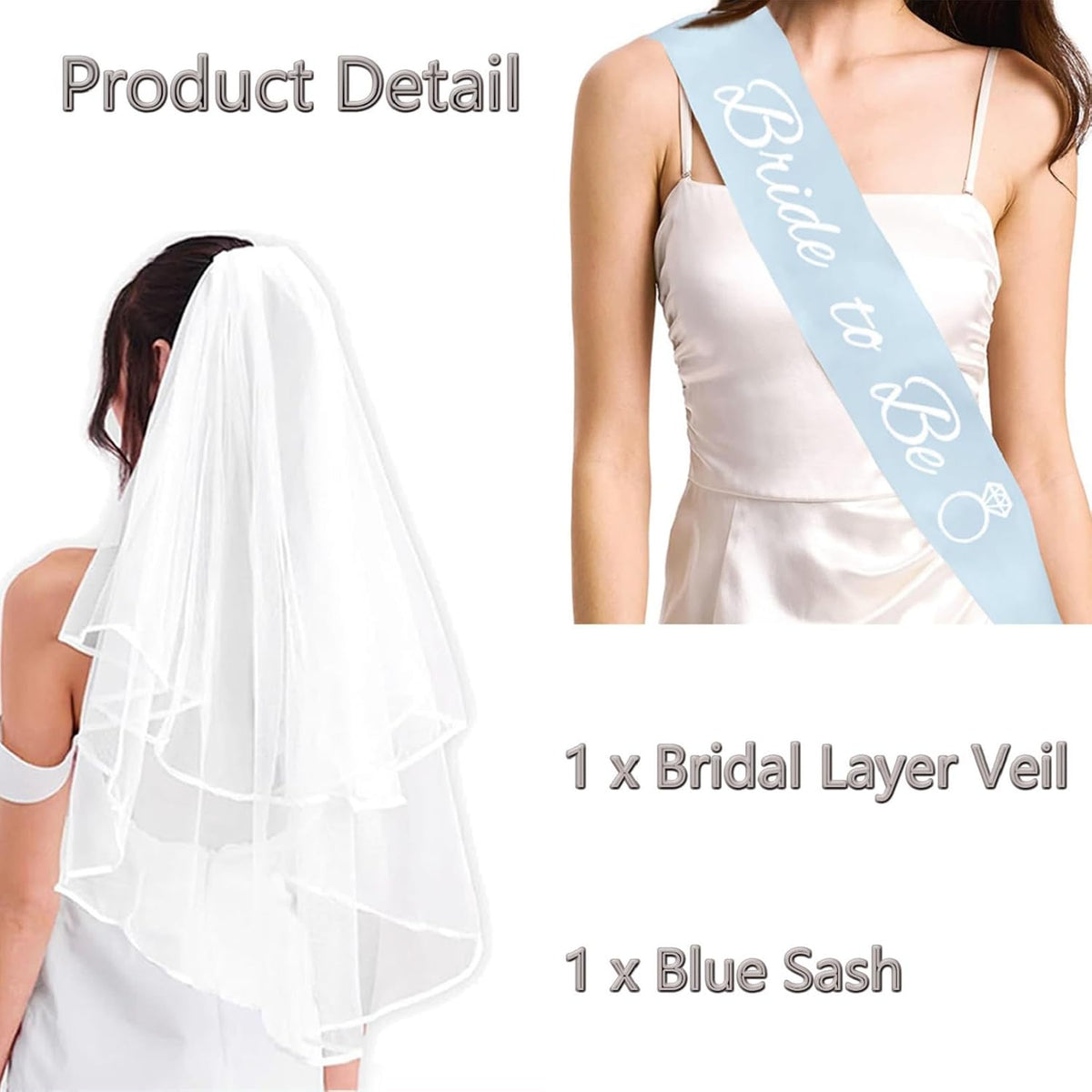 4PCS Bride To Be Sash and Veil, Blue Sash and Bachelorette Veils Accessories for Bridal Shower
