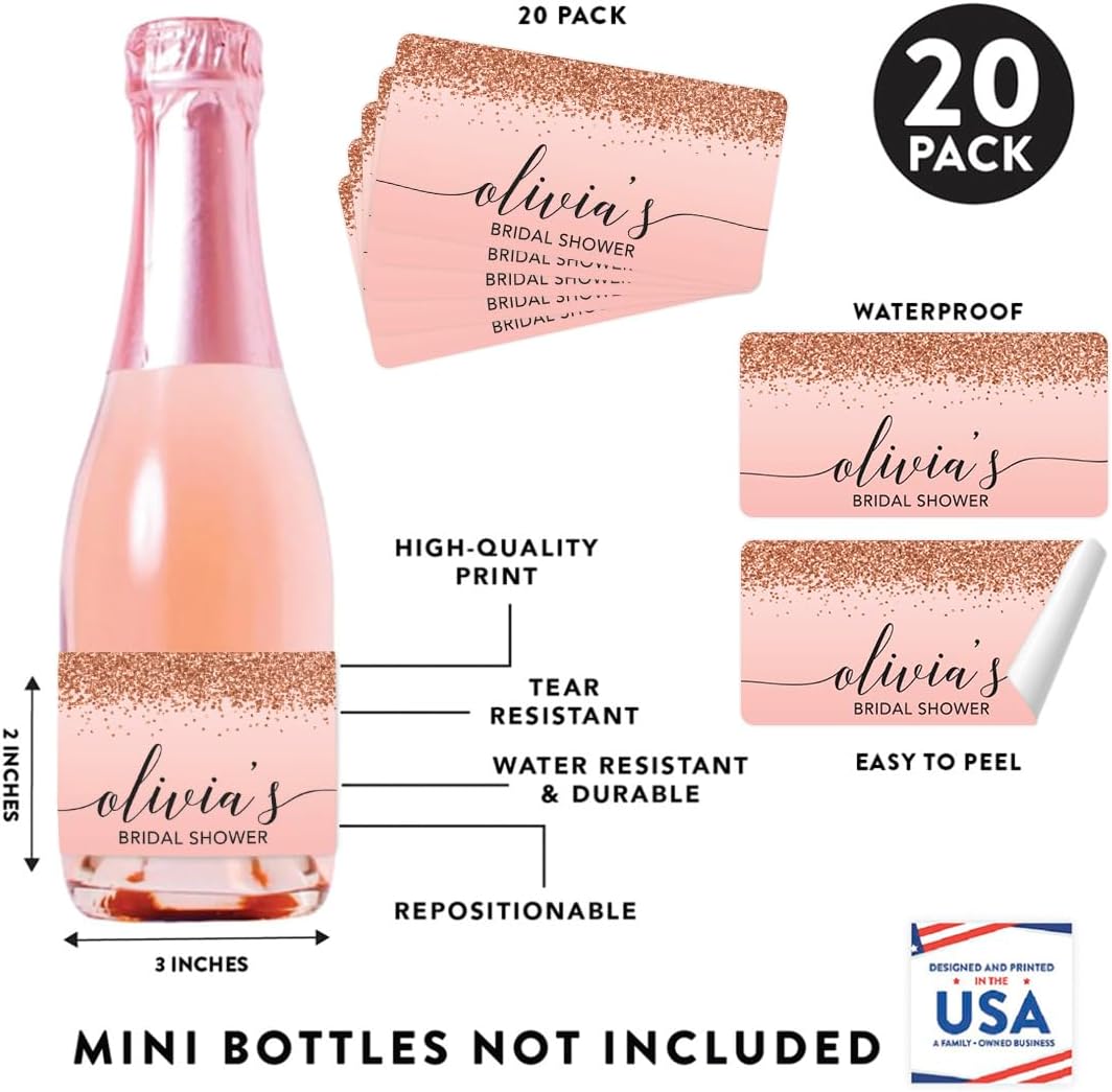 Andaz Press Personalized Mini Wine Bottle Labels, Bridal Shower, Blush Pink Faux Rose Gold Glitter