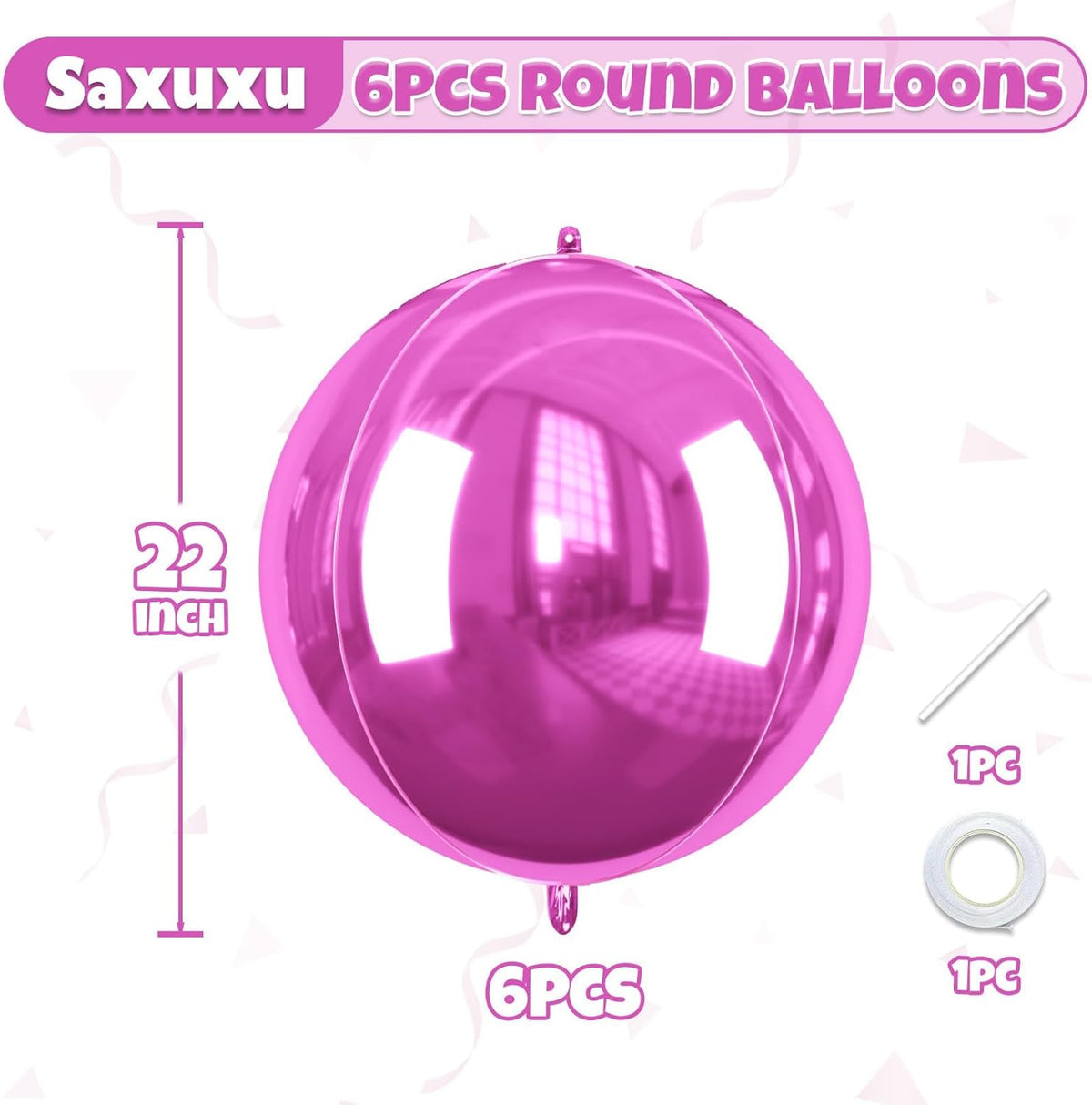 Giant 4D Foil Balloons, 6 Pcs Large Hot Pink Metallic Round Balloons, 22 Inch Big Round Hot Pink