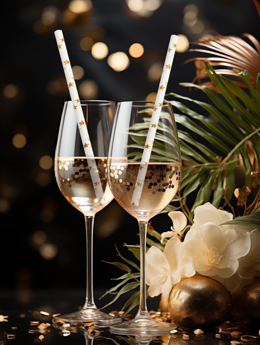Paper Straws Disposable, Cocktail Metallic Gold Star Straws Drinking Biodegradable Straws for