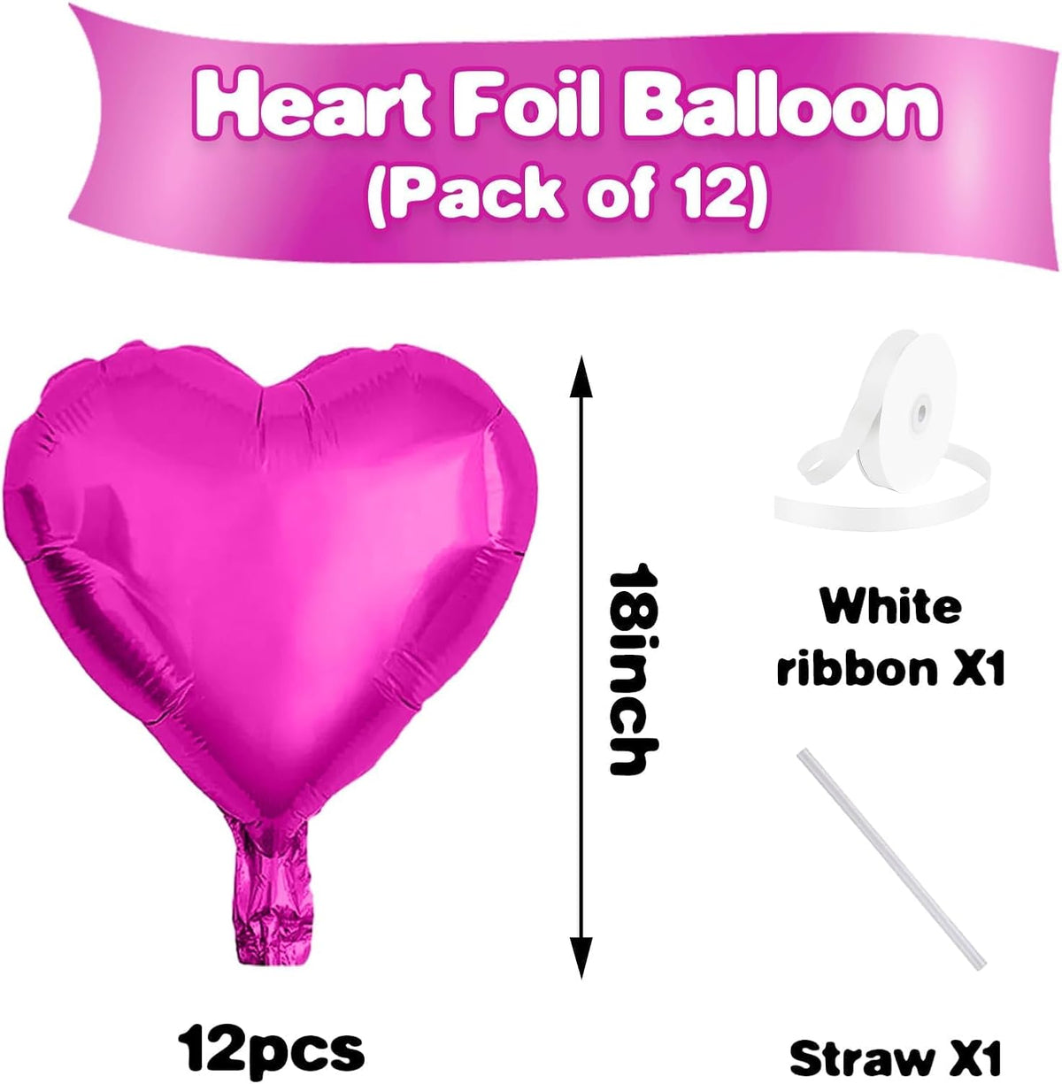 Hot Pink Heart Balloons,12Pcs 18 Inch Pink Foil Love Heart Shaped Balloons for Wedding Bridal