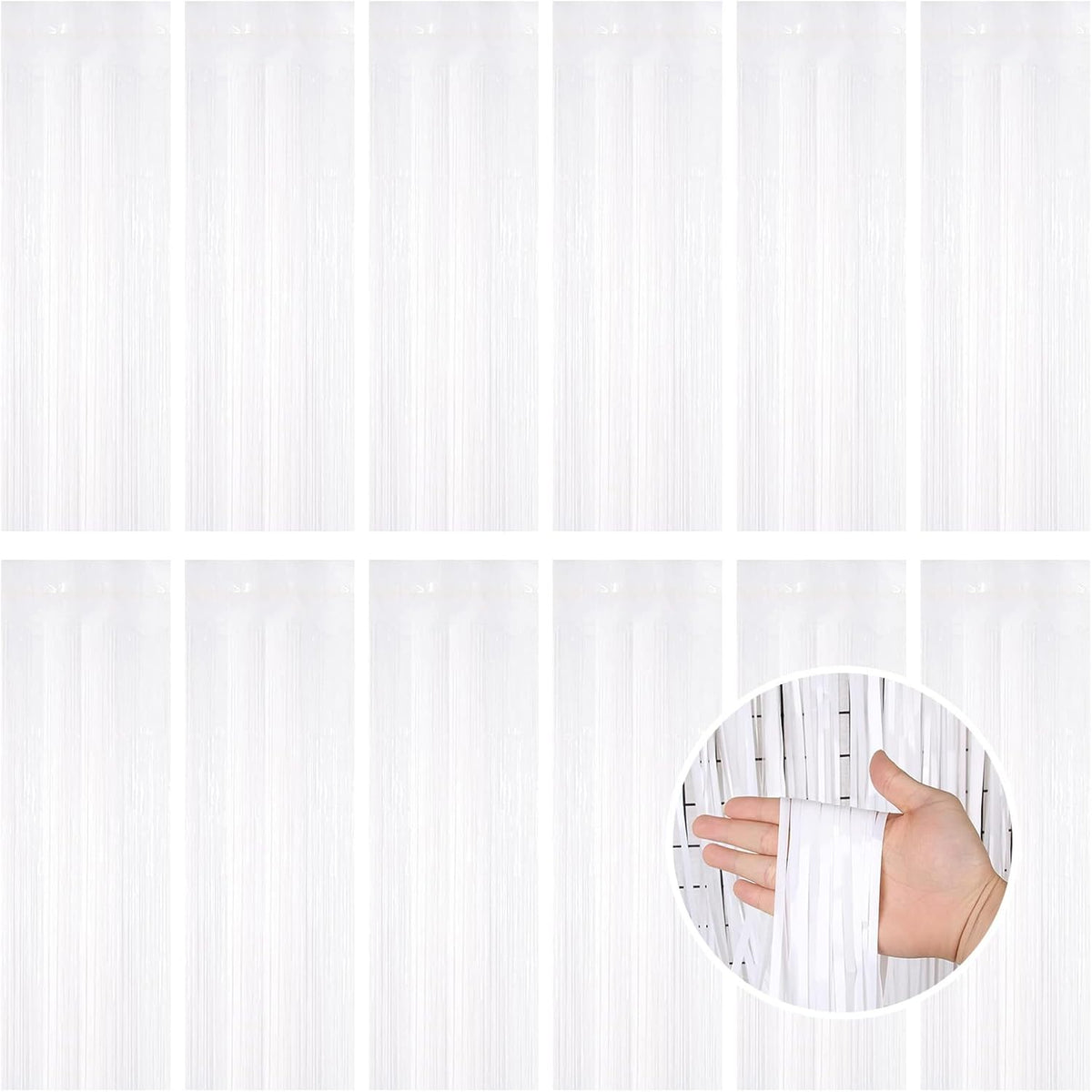 White Fringe Curtain Party Streamers, 12 Pack 3.3ft x 8.2 ft Foil Curtain Backdrop Tinsel Foil