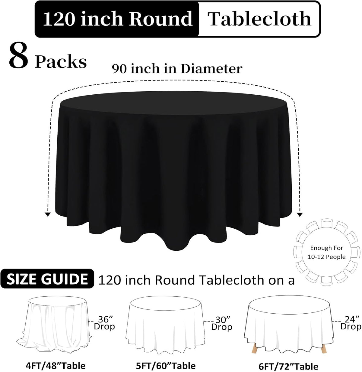8 Pack Black Round Tablecloth 120 Inch Black Table Cloth Stain and Wrinkle Resistant Reusable and