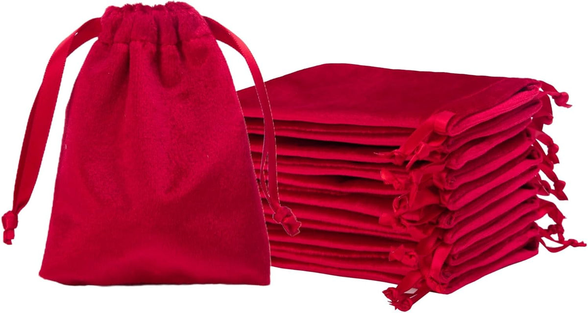 QIANF 12pcs Red Velvet Drawstring Bags 3x4 inches Velvet Cloth Small Gift Bags Jewelry Pouches for