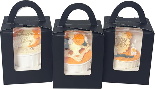 Bakepacker Auto-pop up Individual Cupcake Boxes with Window 25 Count Black Single Cupcakes Box 3.6