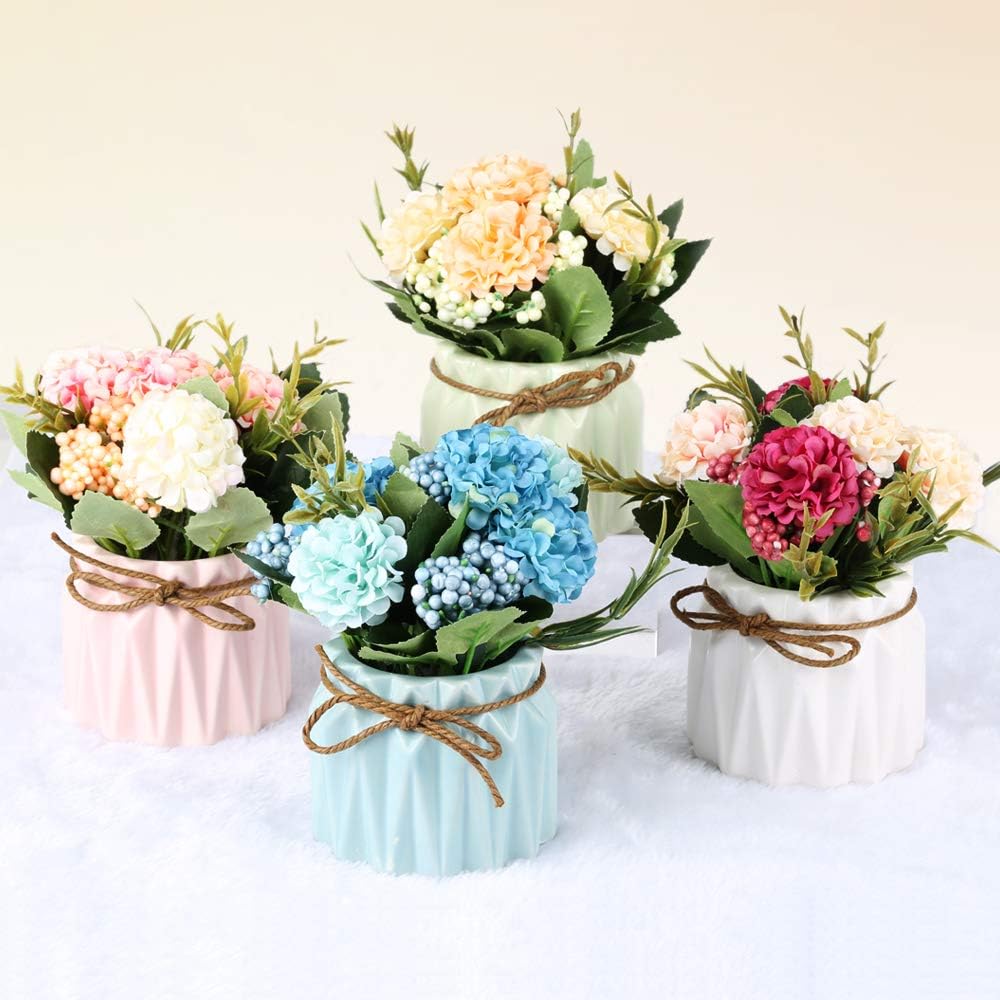 Artificial Hydrangea Bouquet with Small Ceramic Vase Fake Silk Variety Flower Balls Flowers