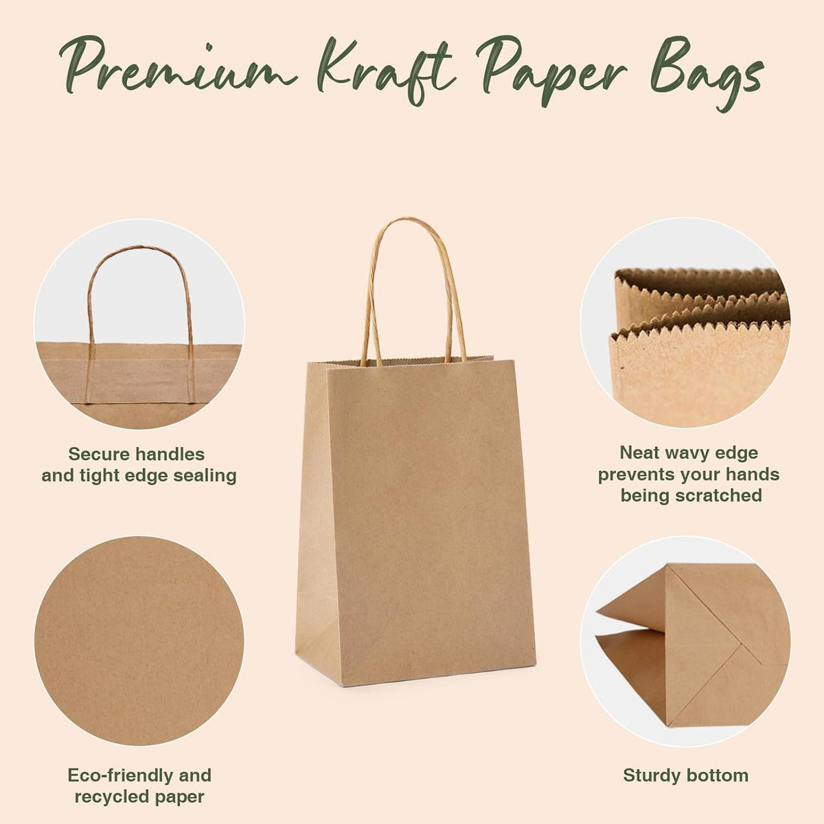 GSSUSA 100 Pack Paper Gift Bags 5.25x3.75x8 Inch Small Brown Paper Bags with Handles Bulk, Brown