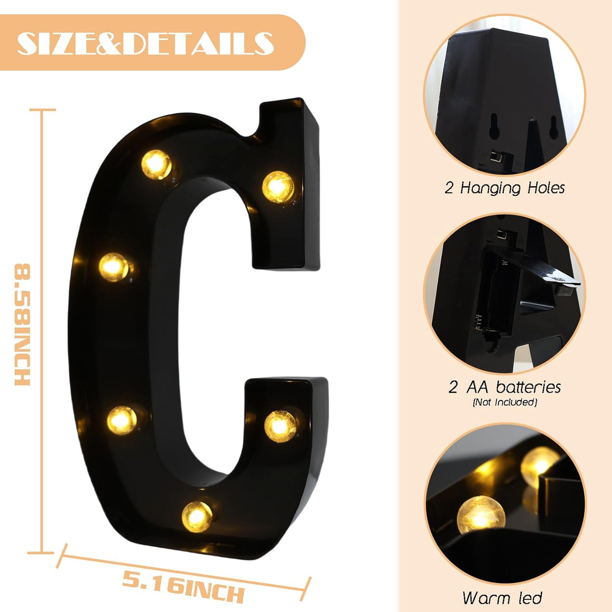 Led Marquee Letters, 8.58 Inch Black Light Up Letters, Small Led Letter Lights, Battery Powered