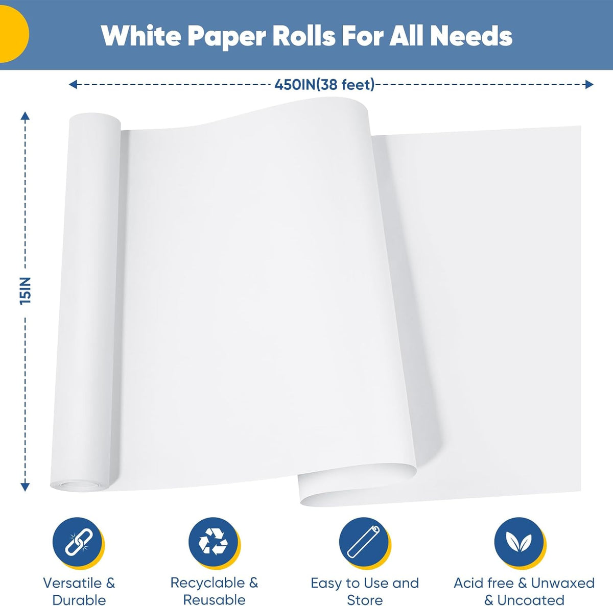 White Wrapping Paper Craft Paper Kraft Paper Roll 15" x 450", Bulletin Board Paper, Arts & Crafts