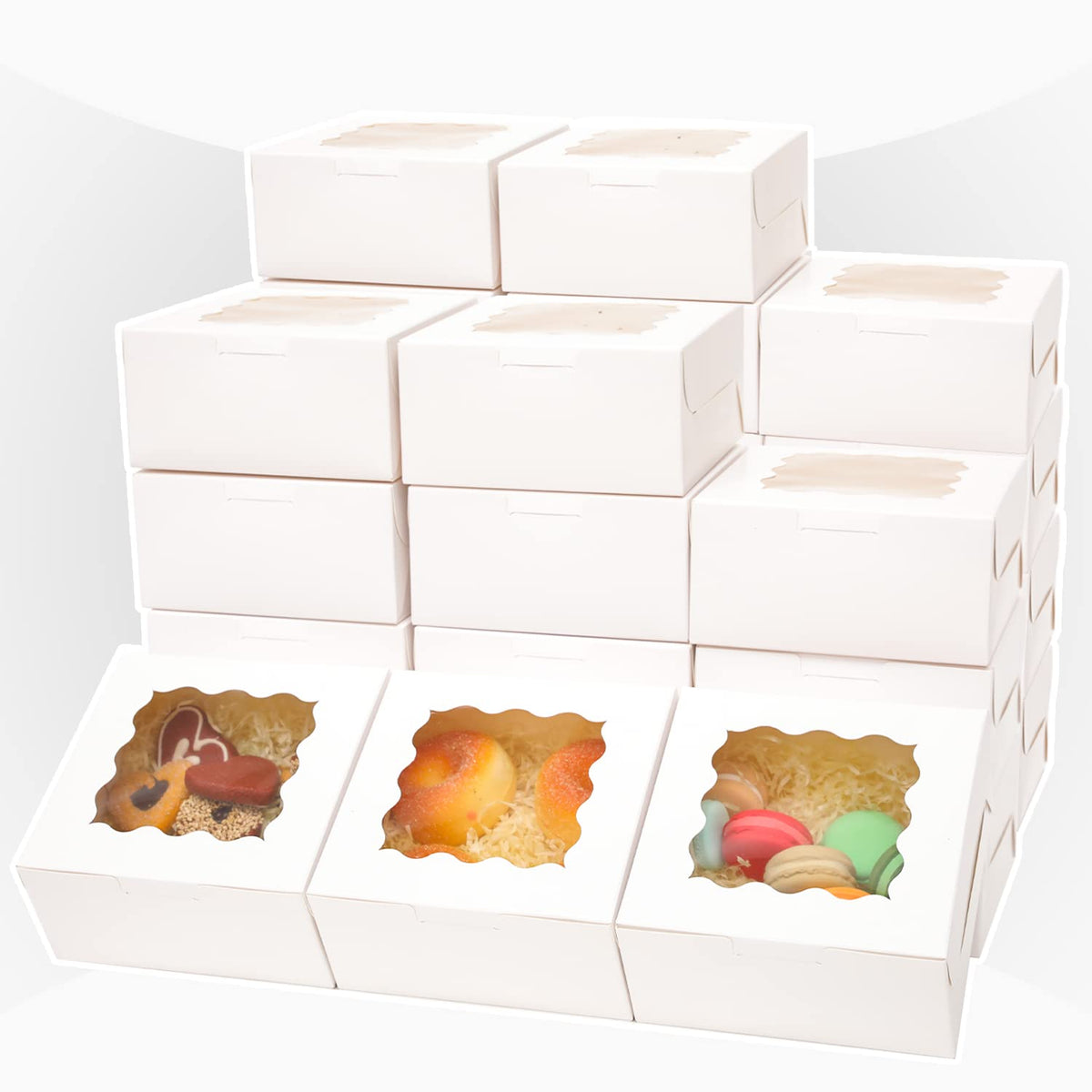 Bakepacker 100pcs White Bakery Boxes with Window 6x6x3 inches Thick & Sturdy Macaroon Pastry &