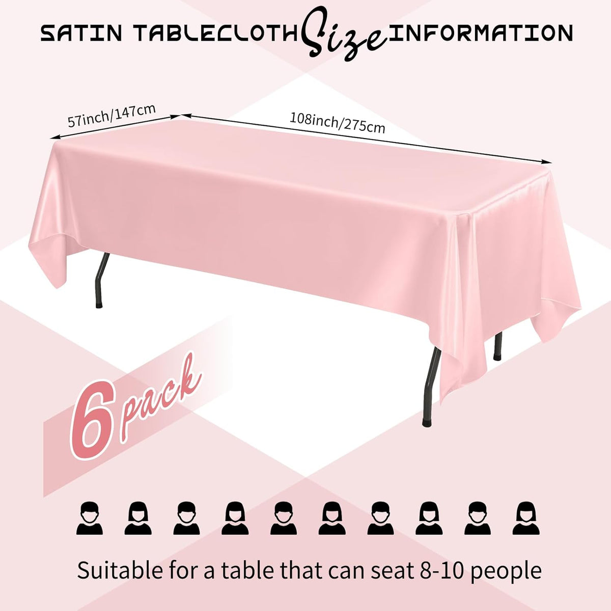 6 Packs Satin Tablecloth 57 x 108 Inch Rose Gold Rectangular Table Cloth Silk Tablecloth Smooth