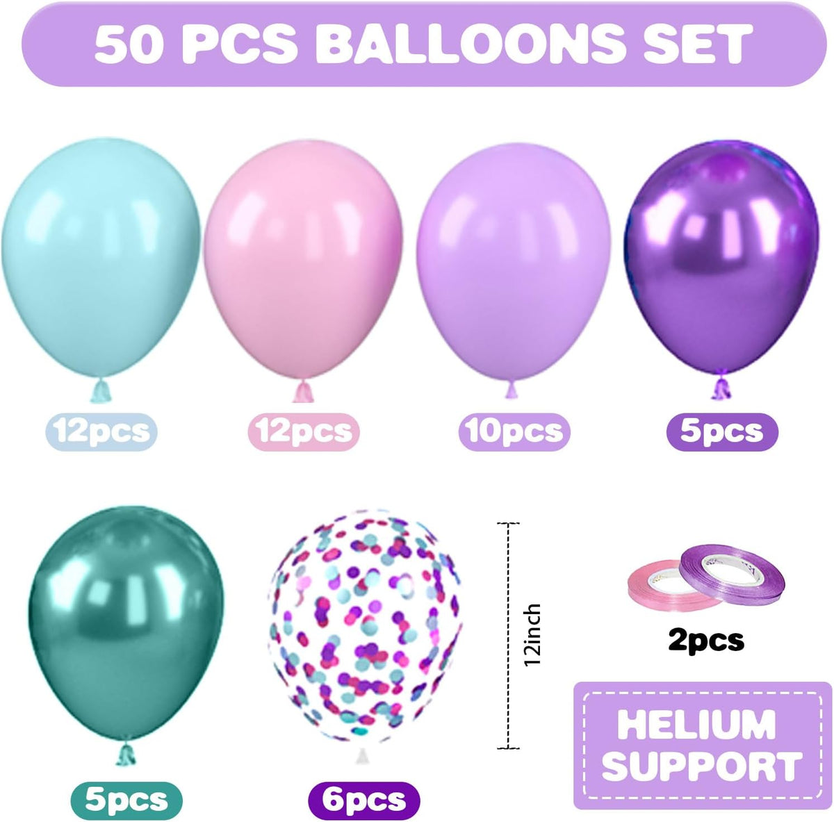 Mermaid Balloons, 12 Inch Pastel Purple and Teal Balloons, Pink Metallic Teal Purple Confetti