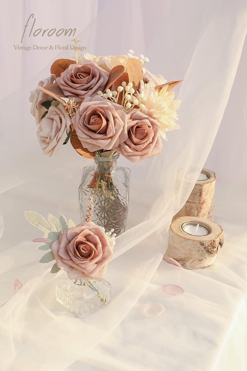 Floroom Artificial Flowers 25pcs Real Looking Warm Taupe & Nude Foam Fake Roses with Stems for DIY