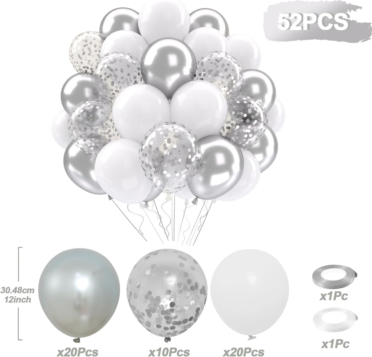 Patimate White and Silver Balloons Set, 50 pcs 12 inch Metallic Silver White Confetti Latex