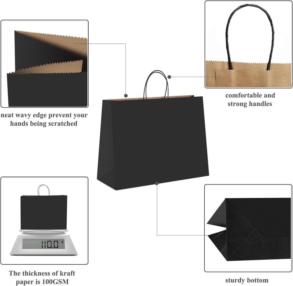 GSSUSA 16x6x12 Inches Large Paper Bags with Handles, 6000 Pack Black Paper Gift Bag, Recyclable