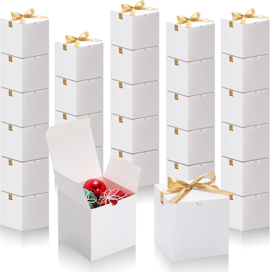 DOYIDE 60 Pcs Small Gift Boxes, 3x3x3 inches Kraft Paper Gift Box with Ribbons, White Candy Boxes