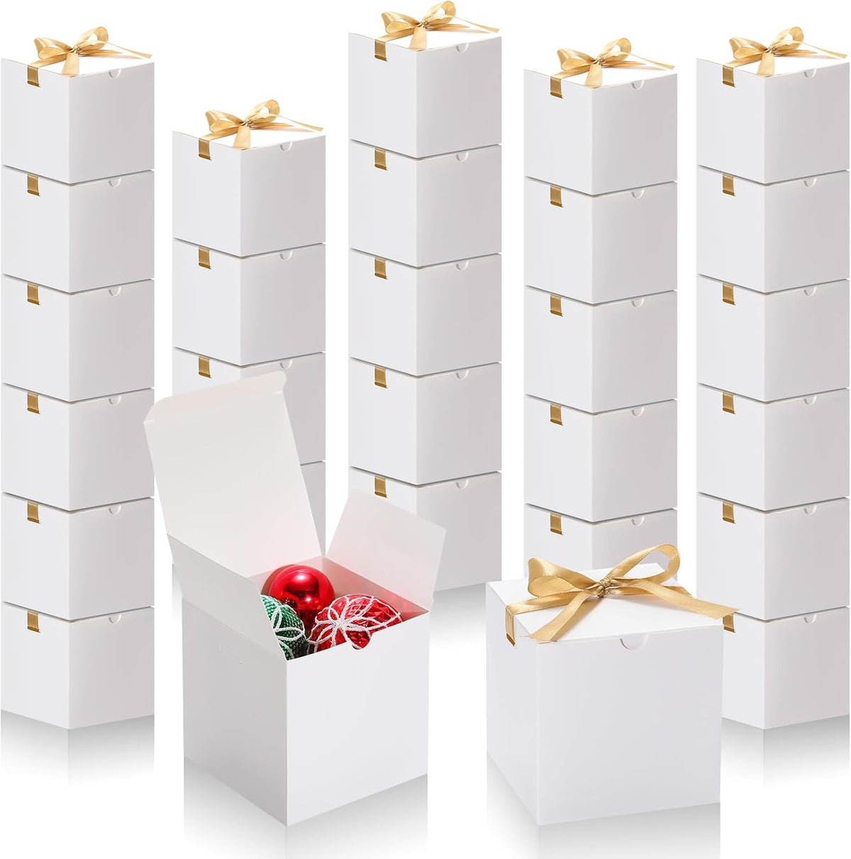 DOYIDE Small Gift Boxes, 60 Pcs 4x4x4 Inch White Elegant Paper Box with Ribbons, Party Favor Boxes