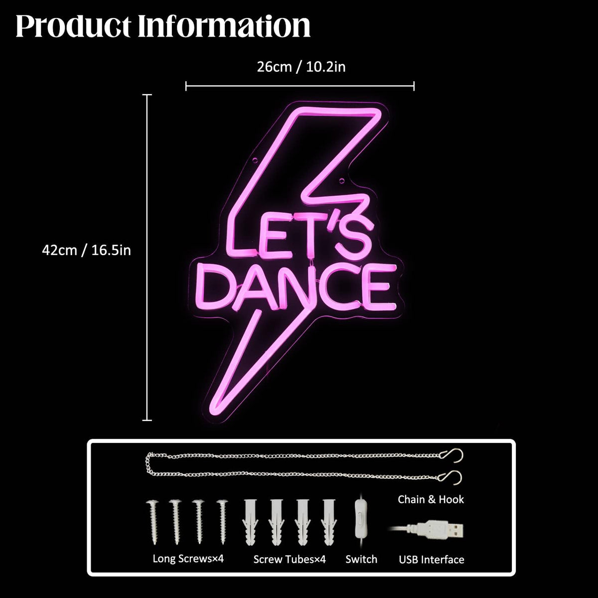 Let's Dance Neon Sign Pink Led Word Light Sign Lightning Bolt Neon Light Dance Light Up Signs