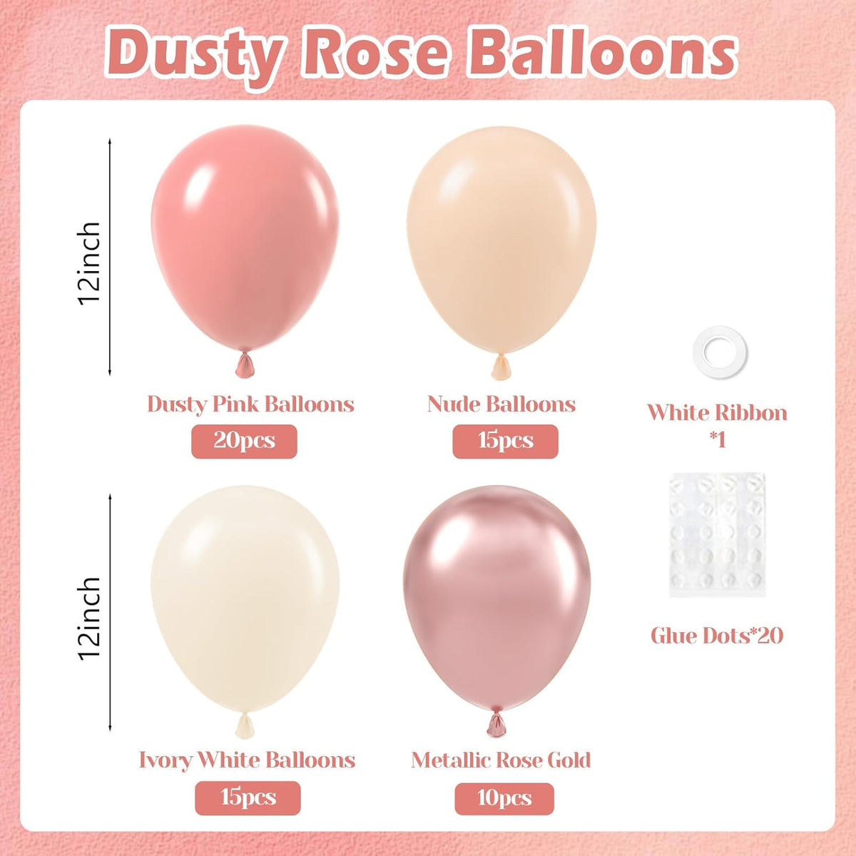 60pcs Dusty Pink Balloons, Blush Pink Dusty Rose Nude Ivory White Metallic Rose Gold Balloons for