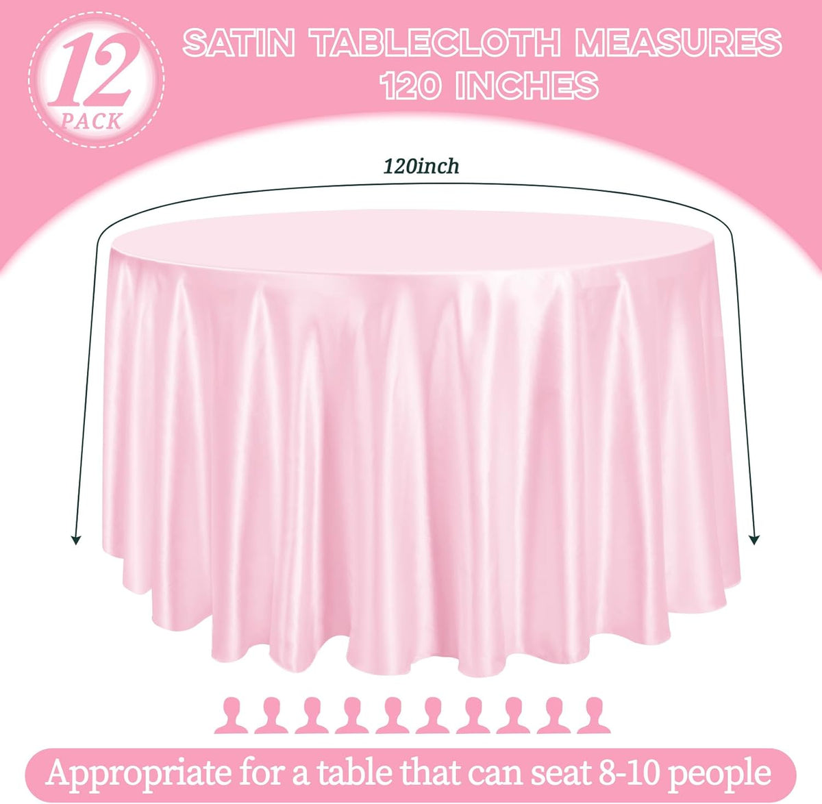 fani 12 Pack 120 Inch Light Pink Satin Tablecloth - Silky Round Tablecloth Overlay Smooth Fabric