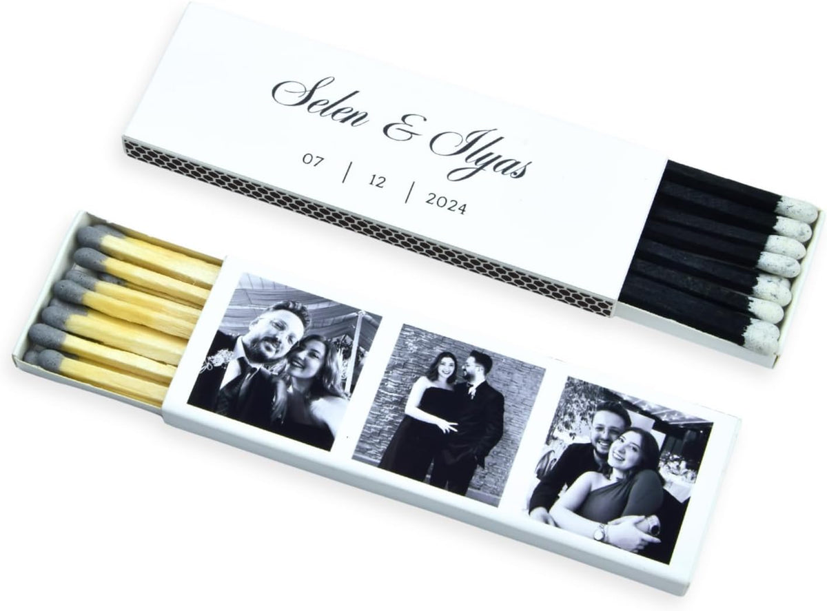 10 Boxes - Customized Matchboxes Colorful Tips (Wedding Design #5, 4" Matchboxes) (4" Matchsticks