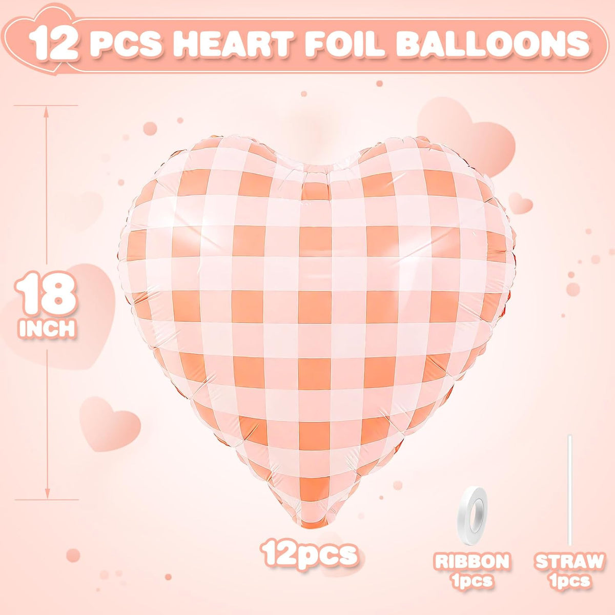 Red White Checkered Heart Balloons,12Pcs 18Inch Red Grid Heart Shaped Foil Helium Polyester Film