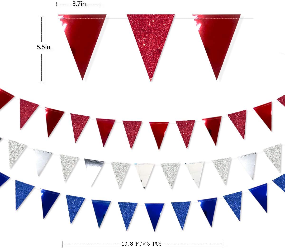 30 Ft Red Silver Blue Triangle Pennant Banner Bunting Hanging Paper Flag Garland for 4th of July