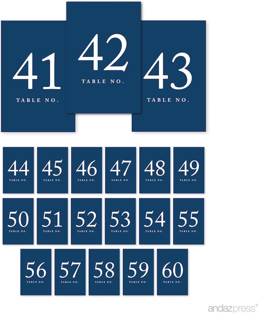 Andaz Press Navy Blue Wedding Table Numbers 41-60, 4x6-Inches Table Number Cards For Wedding