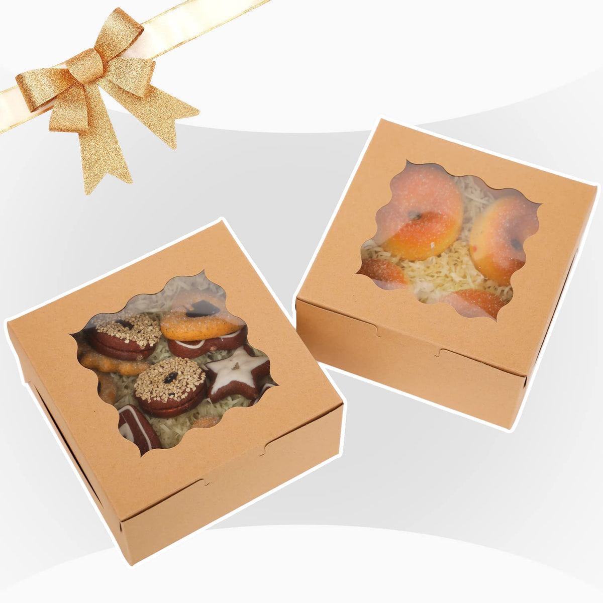 Bakepacker 60pcs Kraft Bakery Boxes with Window 6x6x3 inches Thick & Sturdy Macaroon Pastry Boxes