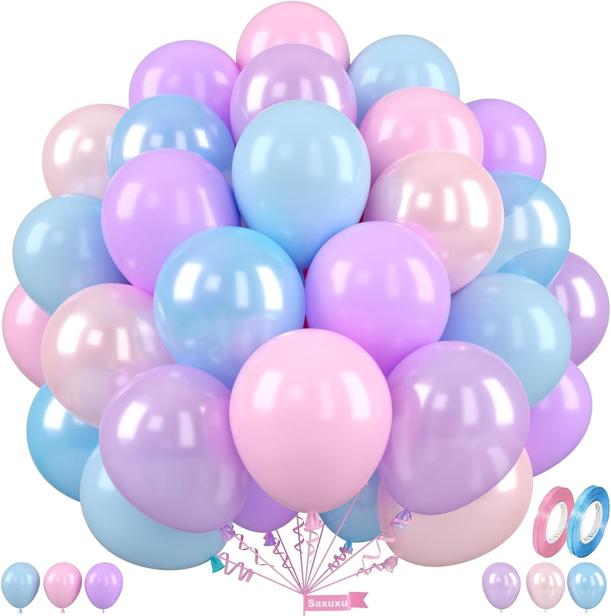 Blue Pink Purple Balloons, 12 Inch Pastel Balloons, Pearl Pink Purple Blue Pastel Latex Balloon for