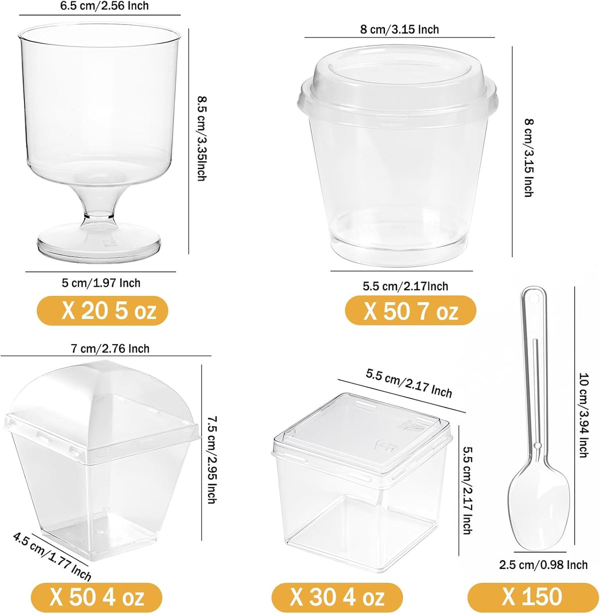 430 Pack Mini Dessert Cups with Lids and Spoons, Shooters Cups for Party, 4 oz, 5 oz 7 oz Clear