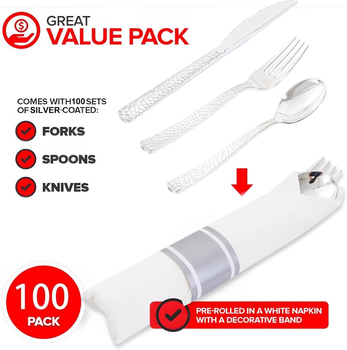 400PCS Pre Rolled Silver Plastic Silverware Sets - Heavy Duty Hammered Silver Cutlery - Include 100