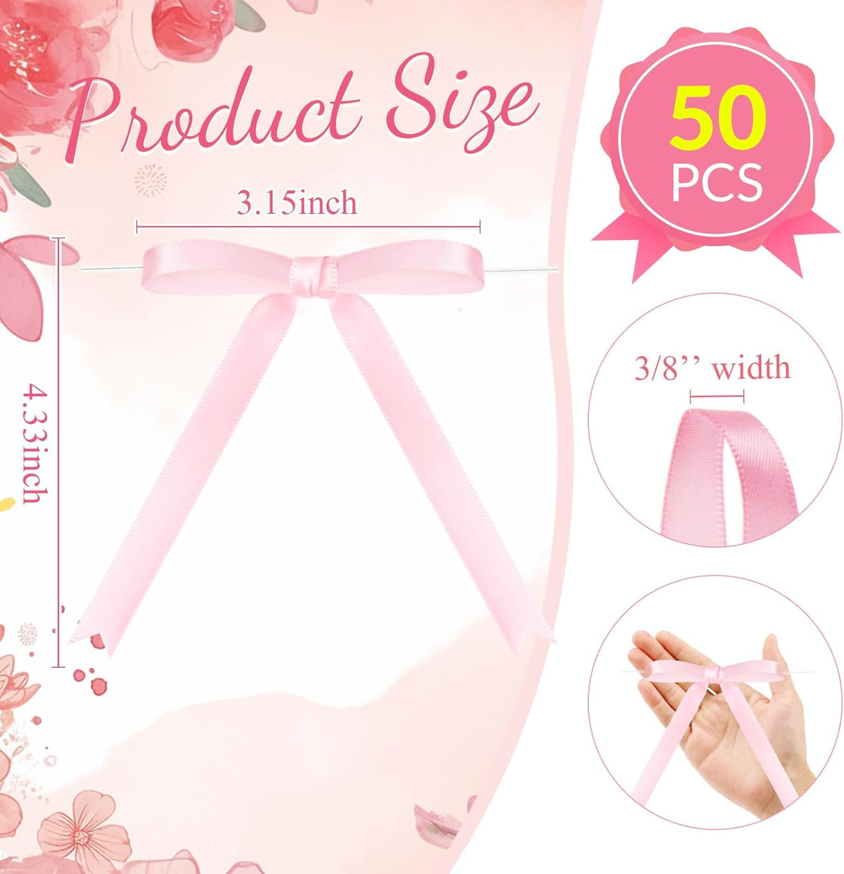 Riceshoot 50 Pcs Twist Tie Bows for Cake 3x4.5 Inch Satin Ribbon Bows for Gift Wrapping Treat Bags