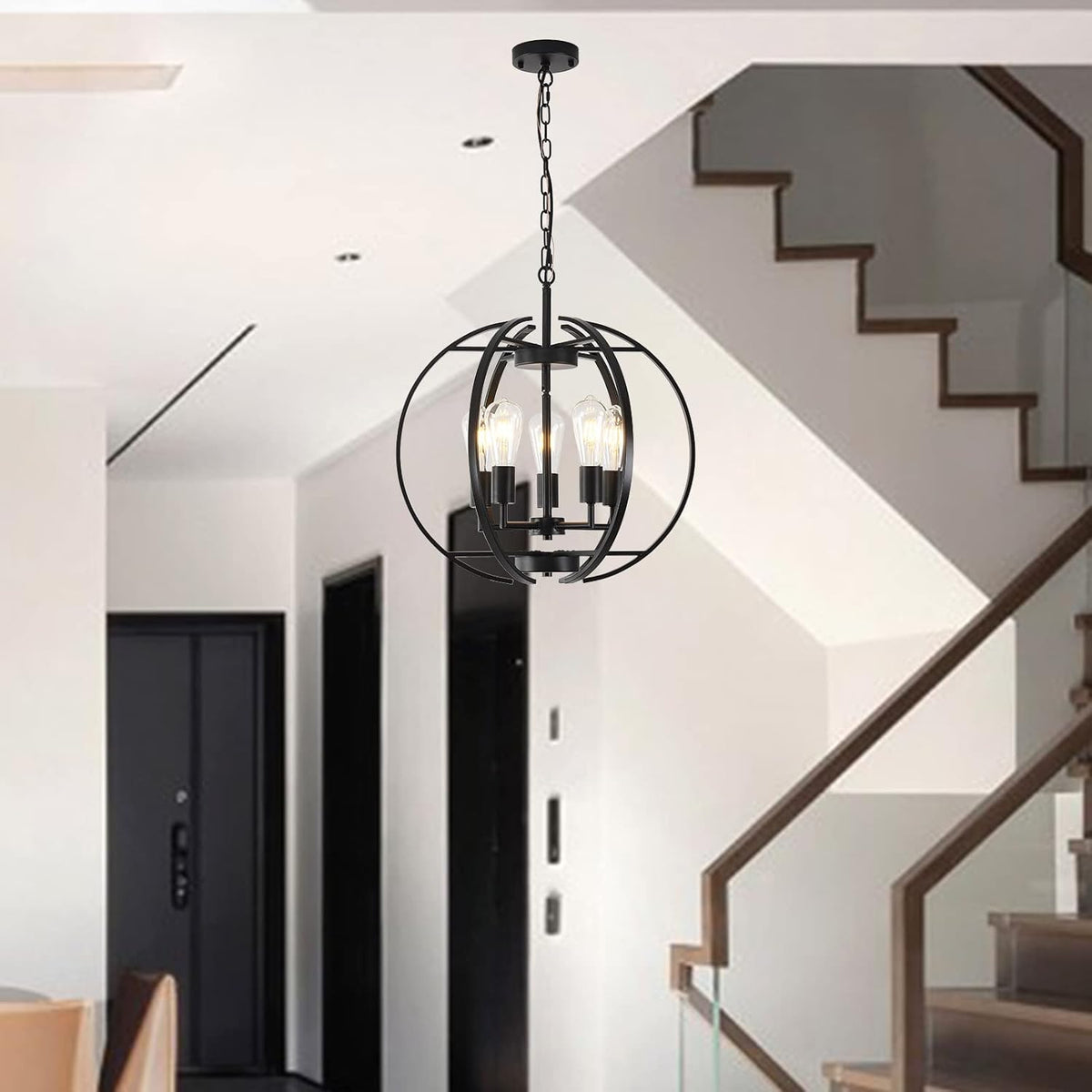 Large Lantern Globe Black Chandelier Lighting, Adjustable Hanging Ceiling Pendant 5 Light for