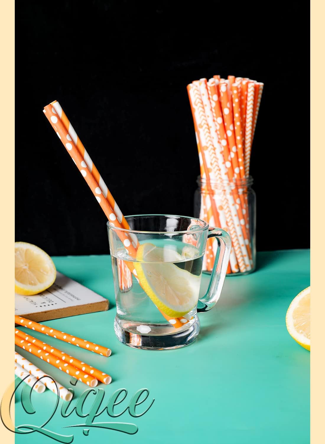 qiqee Gold Orange Disposable Straws for Drinking 150pcs Disposable Straws Bulk（10 Pattern）