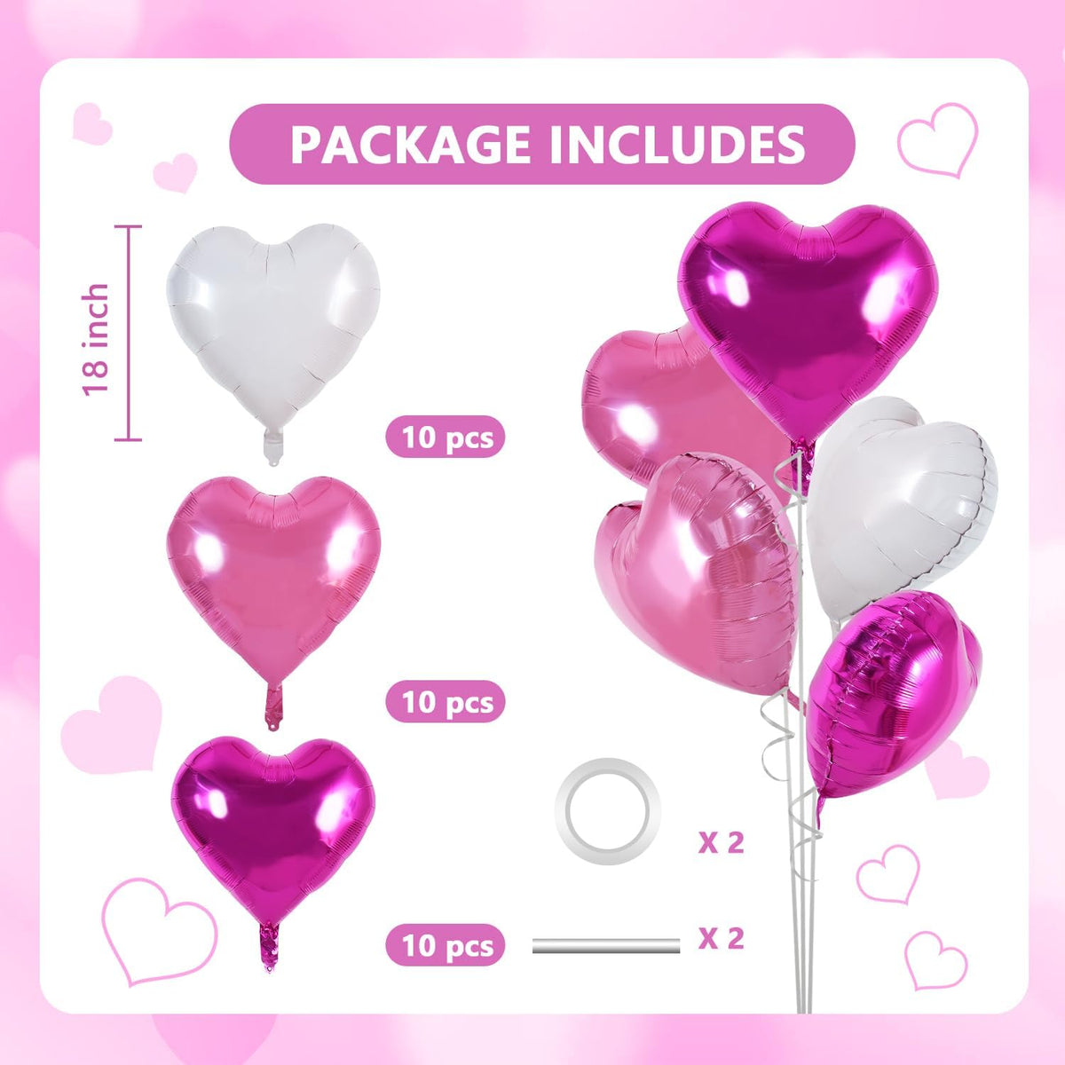 TONIFUL 30Pcs 18 Inch Pink White Heart Balloons Hot Pink Heart Shape Foil Mylar Balloons Decoration
