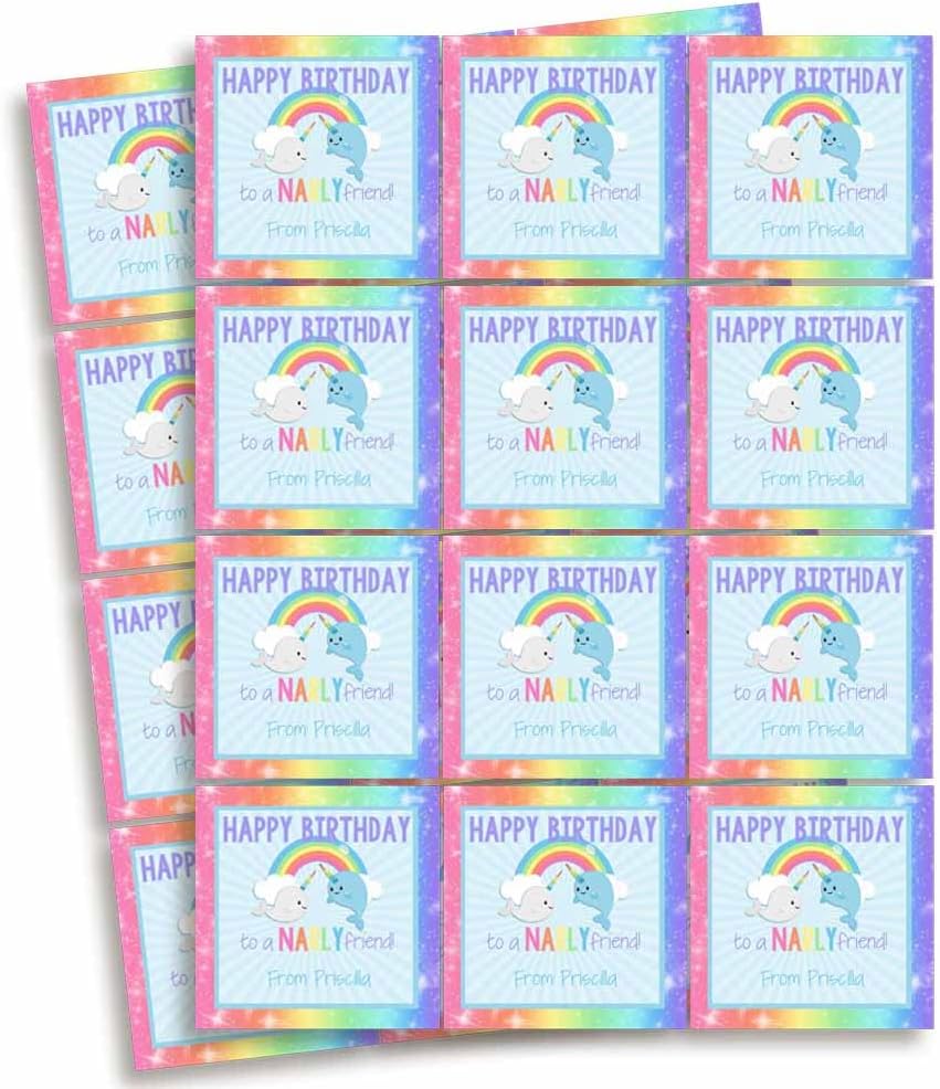 Custom & Personalized Narwhal Unicorn of The Sea Happy Birthday Gift Tag Sticker Labels, 24 2.5"
