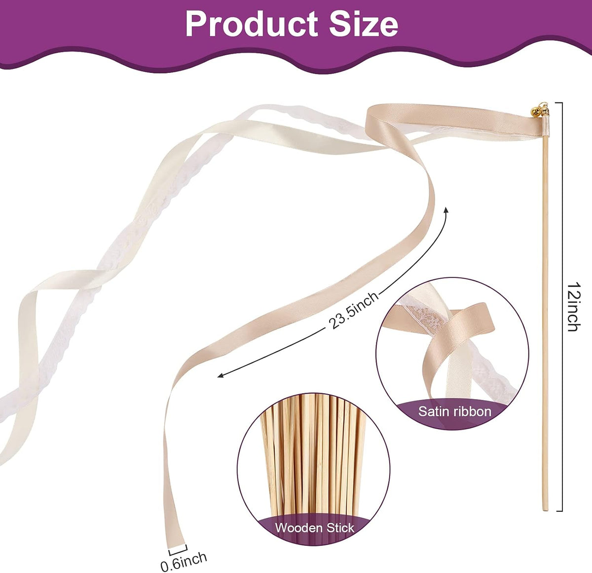 Sumind 40 Pieces Ribbon Wedding Streamers with Bells, Lace Fairy Wand Stick Party Ribbon Streamers